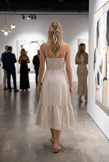 Sweetheart Neckline Linen Midi Dress with Lace Trim Detail