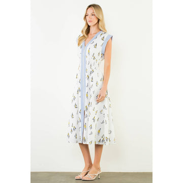 Short Sleeve Sailboat Pattern Midi Dress