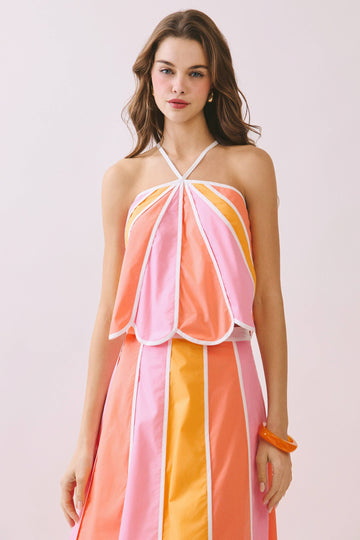 Scalloped Color Block Skirt Set in Peach