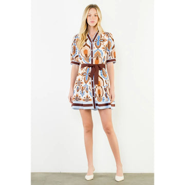 Short Sleeve Brown and Blue Mini Dress