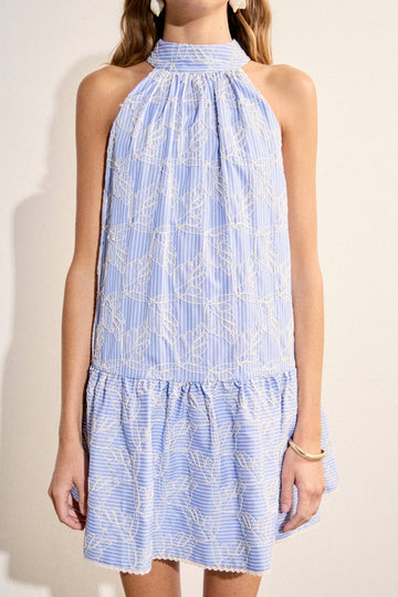 Stripe with Embroidered Halter Mini Dress