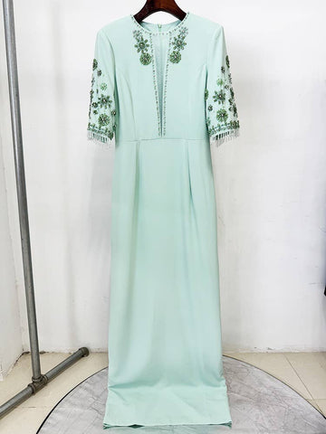 Mint Mesh Elegance Dress with Beaded Floral Detail
