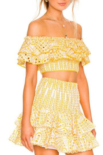 Yellow embroidered Eyelet mini skirt