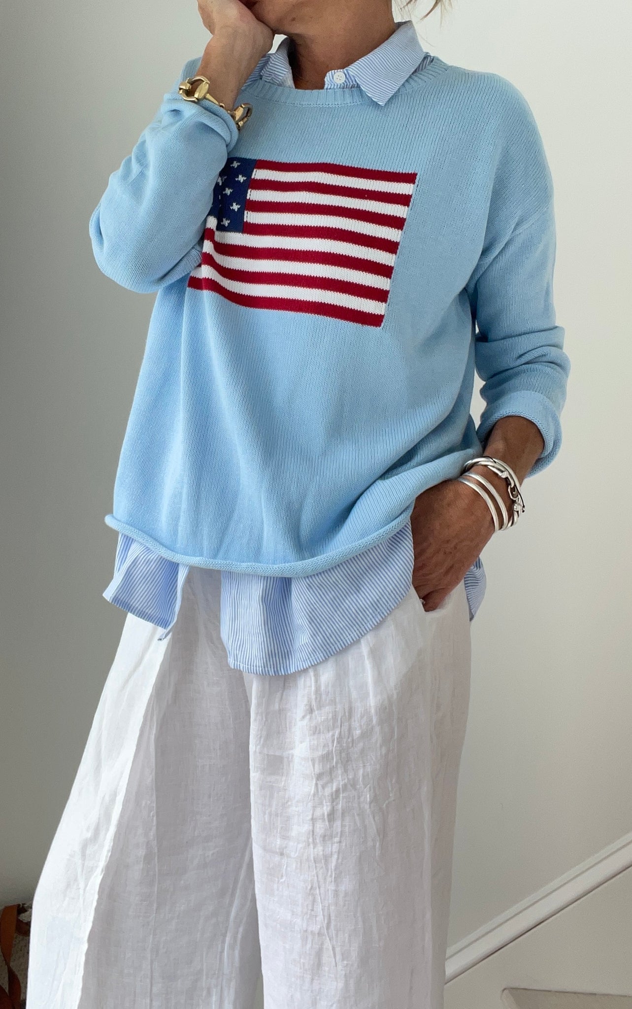 Light Blue American Flag Cotton Sweater