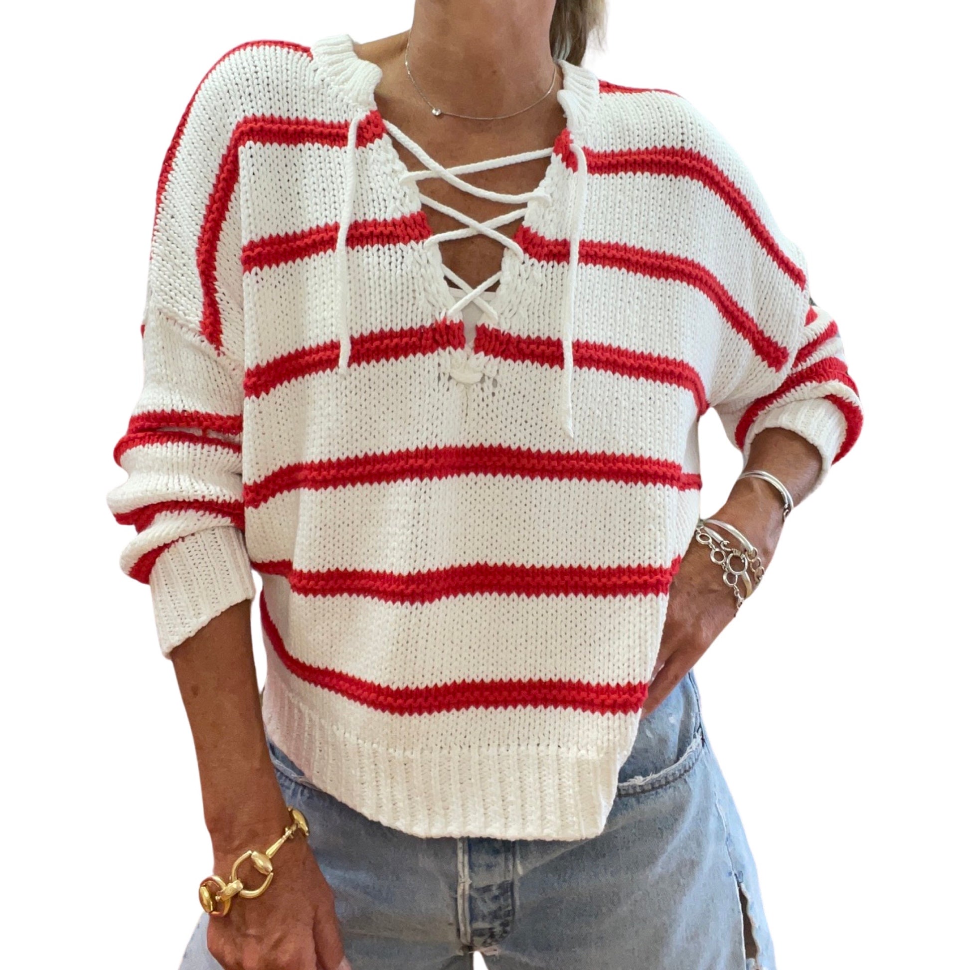 Red Sailor Tie Front Sea Stripe Cotton Sweater