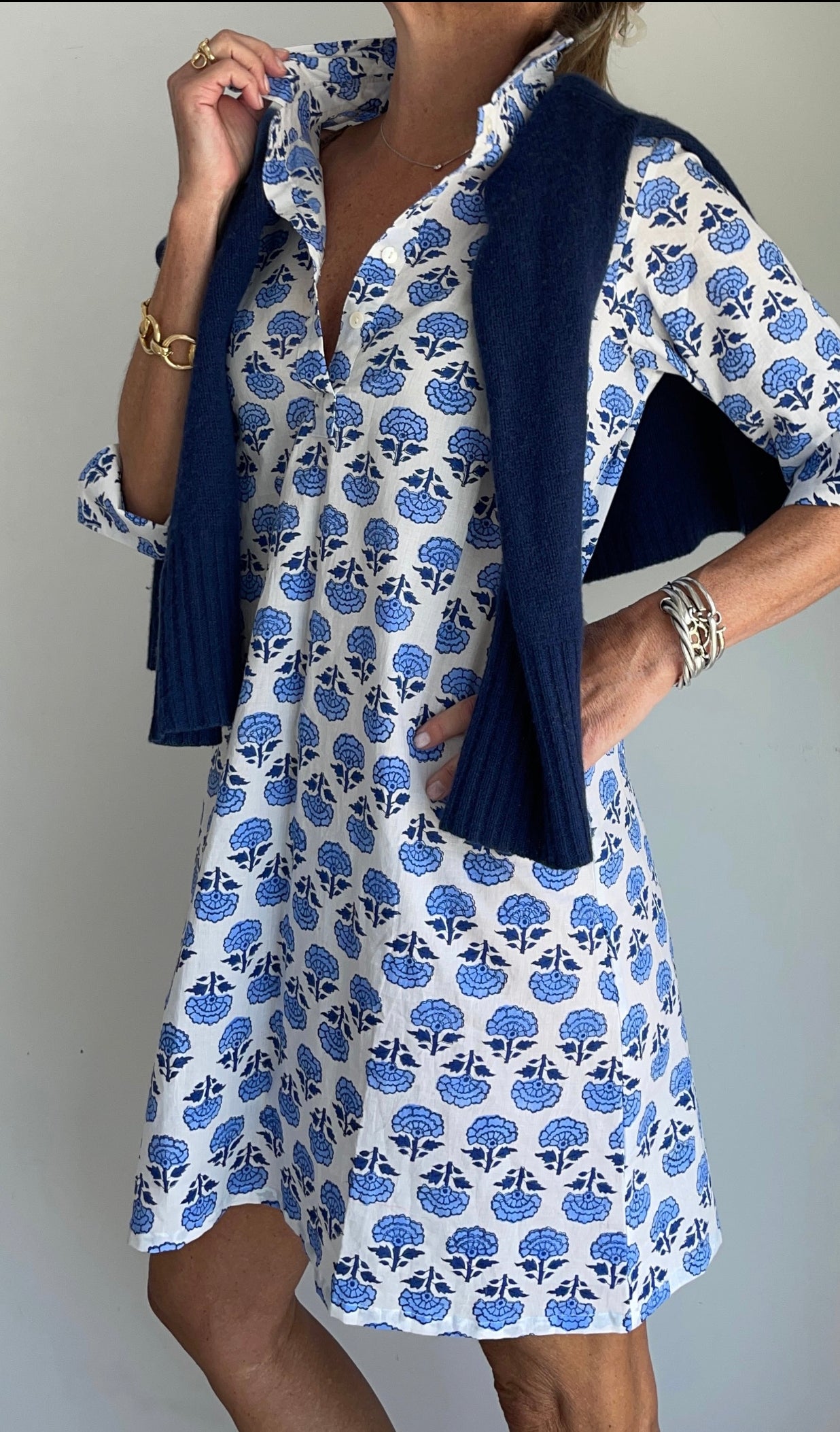 Sconset Block Print 3/4 Sleeve Dress (Blue) Sconset Block Print 3/4 Sleeve Dress (Blue)