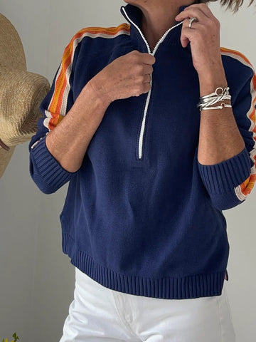 Retro 1/2 Zip Cotton Sweater In Navy/Orange