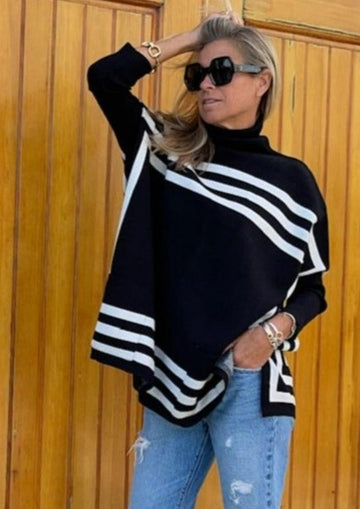 Classic Meets Chic Turtleneck Poncho Sweater (BLACK)