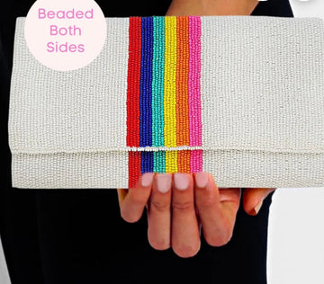 WHITE 🌈 rainbow stripe beaded Fold Over clutch