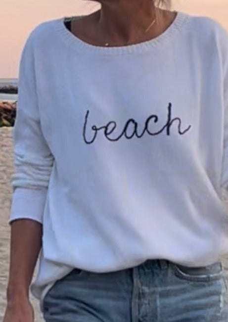 Sweater with beach hot sale written on it