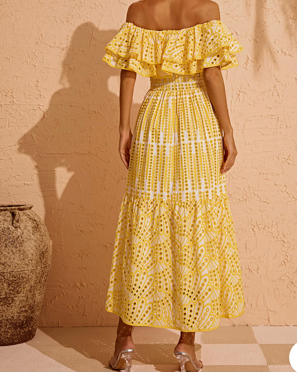 Tulum off shoulder yellow eyelet dress