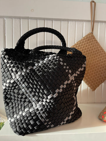 Woven Neoprene tote and zip pouch onyx plaid