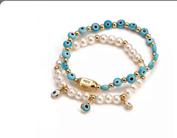 Pearl and Gold Bead Evil Eye set