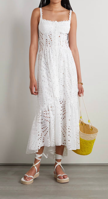 Corseted sweetheart eyelet dress in white